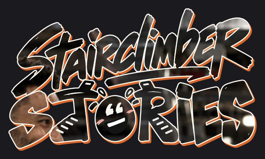 Stairclimber Stories logo with the episode video showing through the letters